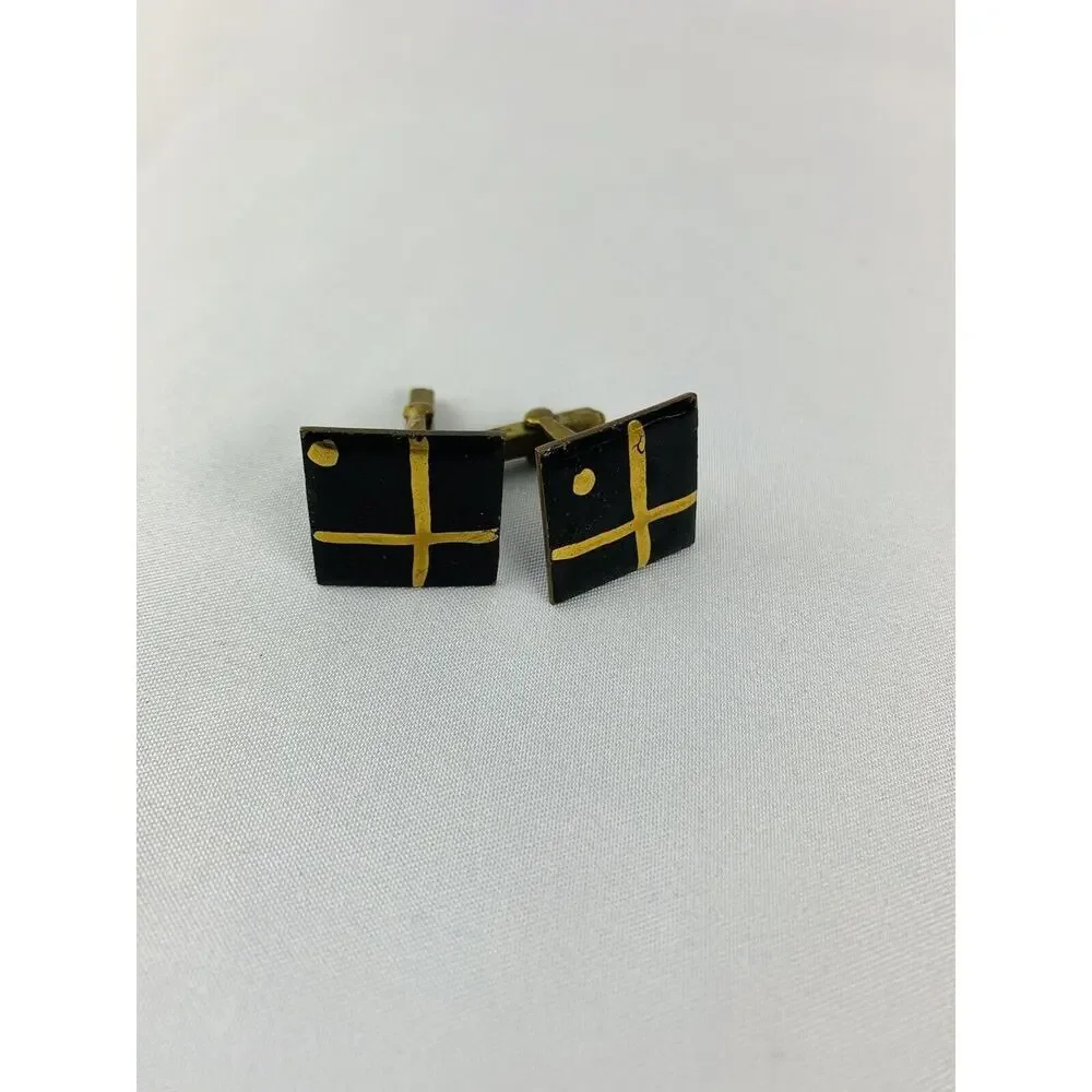Vintage Men's Enameled Goldtone and Black Square Cufflinks Artsy Retro Toggle